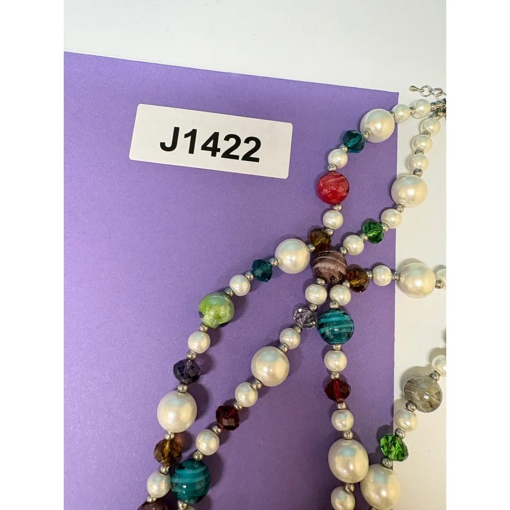 Multicolor Double Strand Beaded Necklace Faux Pearl Art Glass Statement Silver